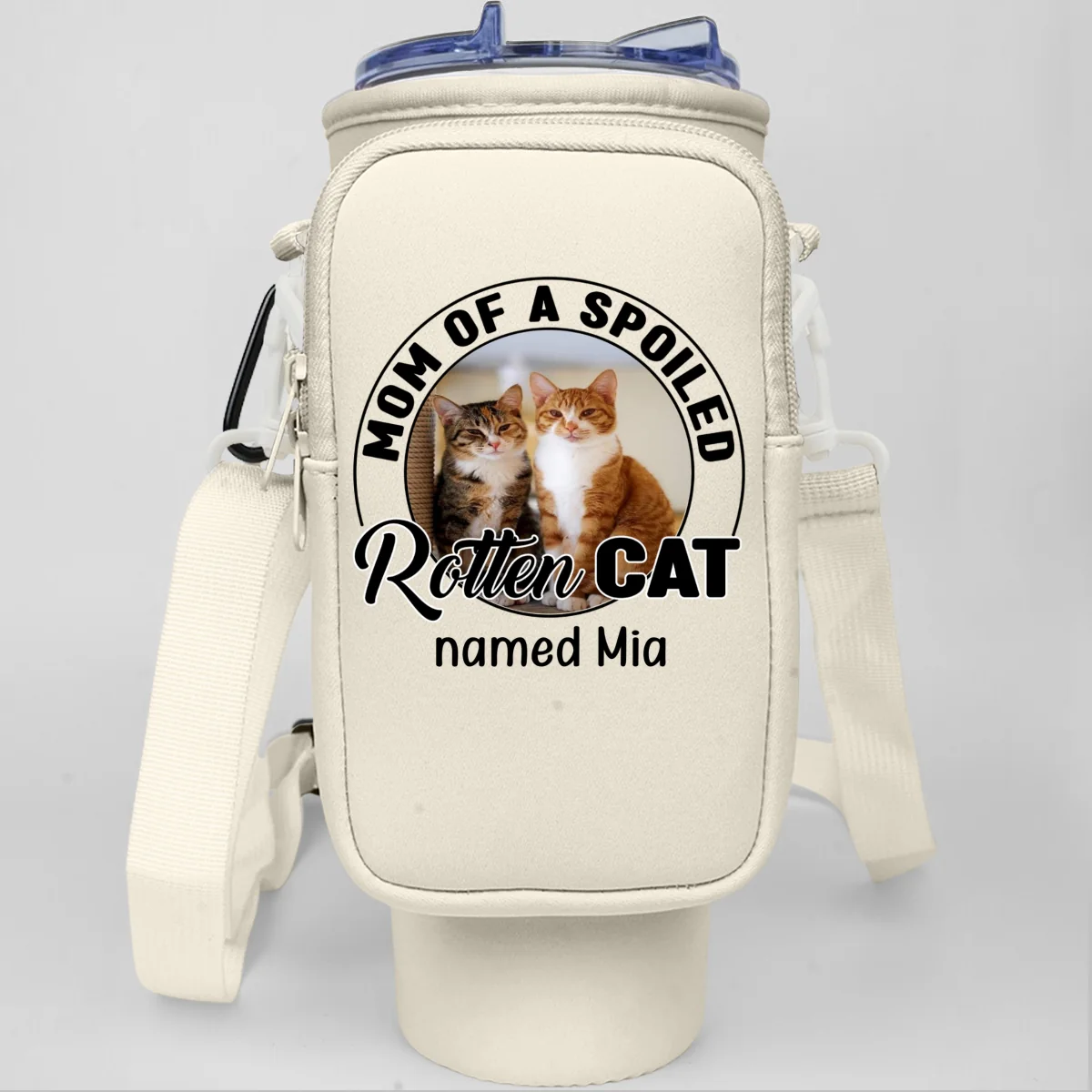 Spoiled Rotten Cartoon Cat Photo - Personalized Custom Water Bottle Carrier Bag - Image 13