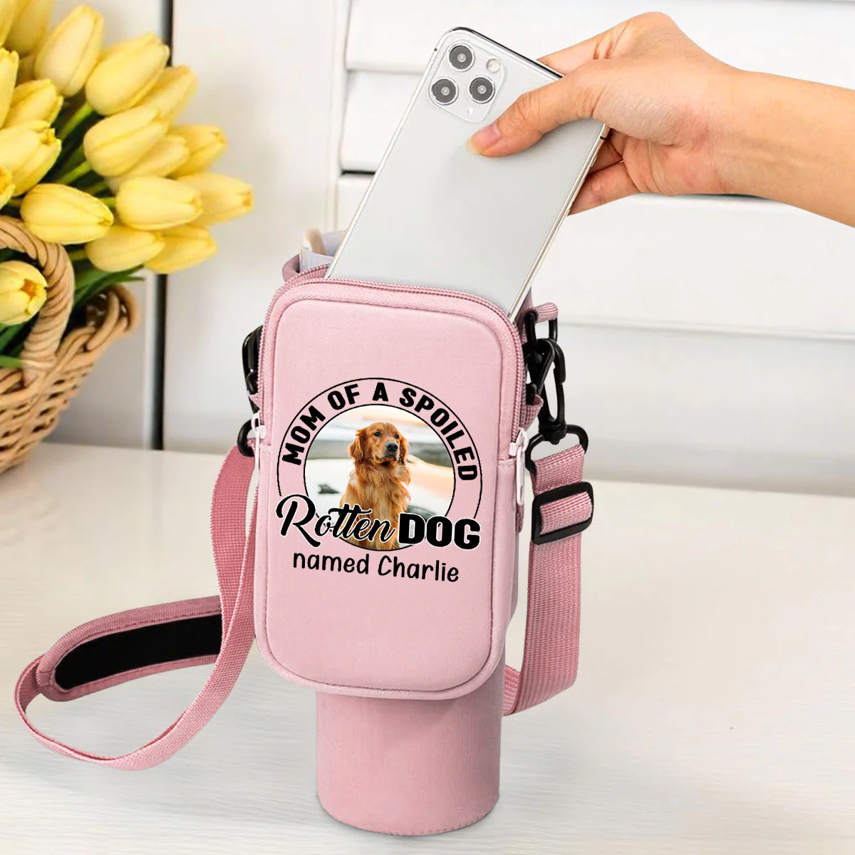 Spoiled Rotten Cartoon Dog Photo - Personalized Custom Water Bottle Carrier Bag - Image 2