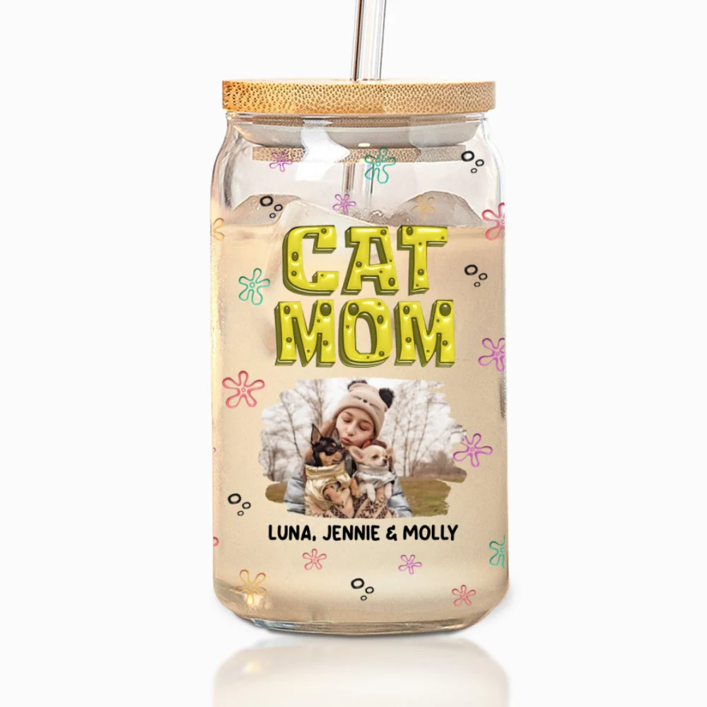 Sponge Cat Mom Photo - Personalized Custom Glass Can - Image 4