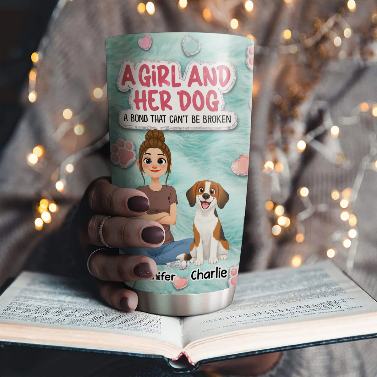 Storybook Cute Girl And Her Dogs - Personalized Custom Tumbler - Image 2