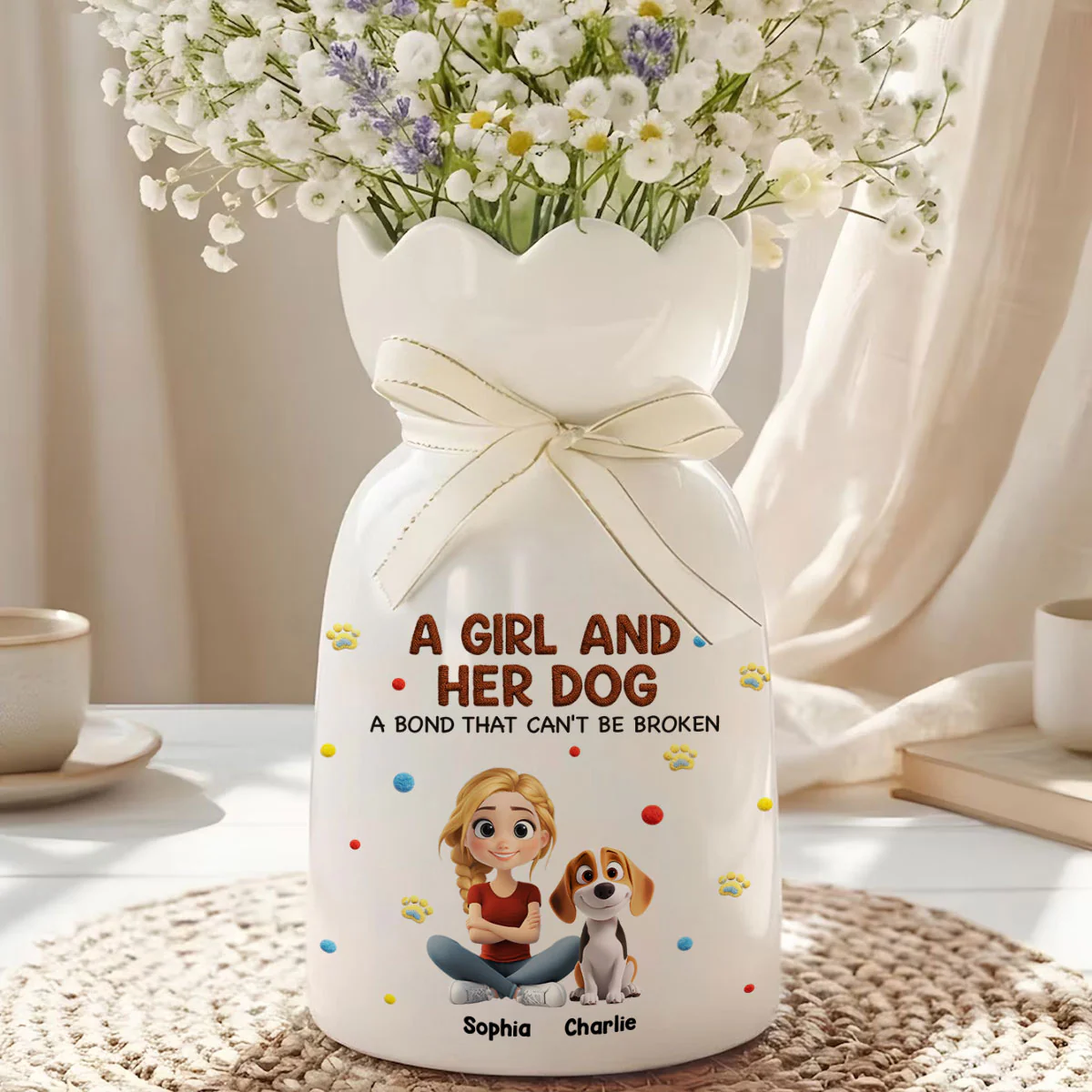 Stuffy Girl And Her Lovely Dogs - Personalized Custom 3D Effect Ribbon Tie Flower Vase