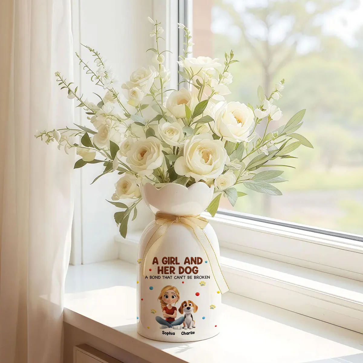 Stuffy Girl And Her Lovely Dogs - Personalized Custom 3D Effect Ribbon Tie Flower Vase - Image 2