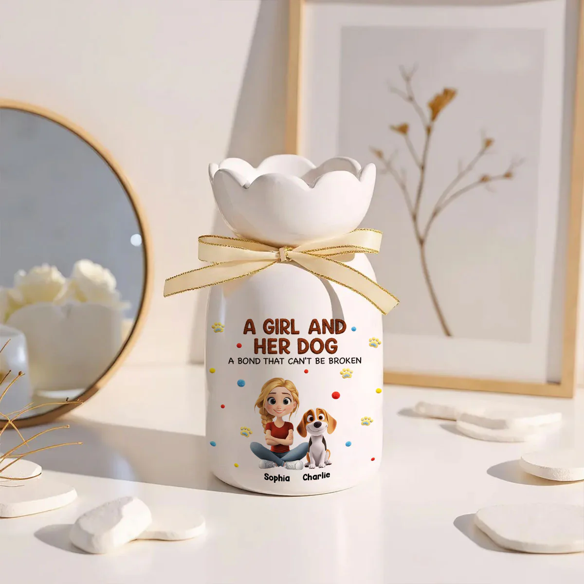 Stuffy Girl And Her Lovely Dogs - Personalized Custom 3D Effect Ribbon Tie Flower Vase - Image 3
