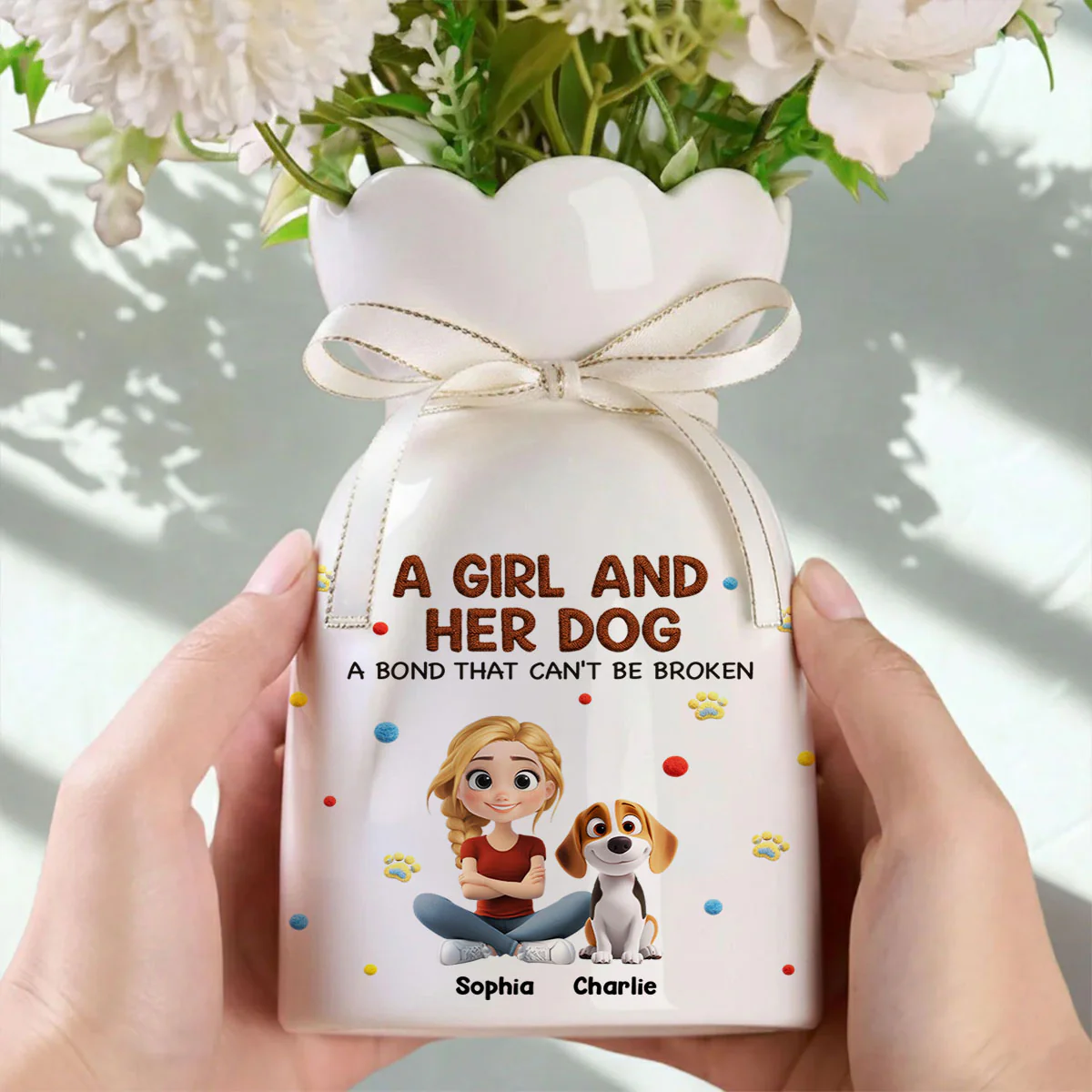 Stuffy Girl And Her Lovely Dogs - Personalized Custom 3D Effect Ribbon Tie Flower Vase - Image 4