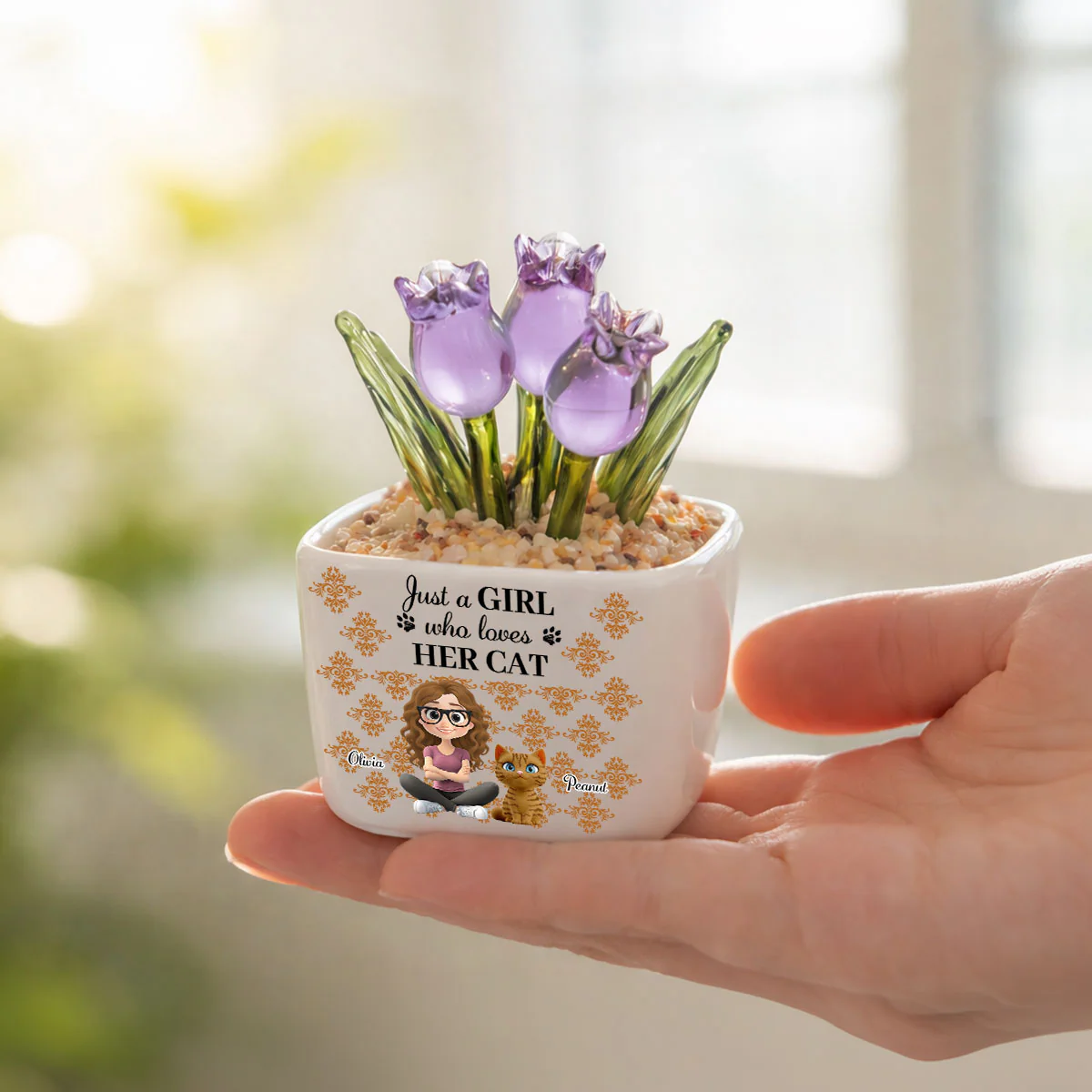Summer Girl And Cat - Personalized Custom Glass Everlasting Tulips - Image 4