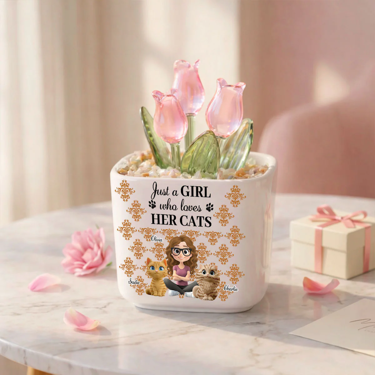 Summer Girl And Cat - Personalized Custom Glass Everlasting Tulips - Image 5