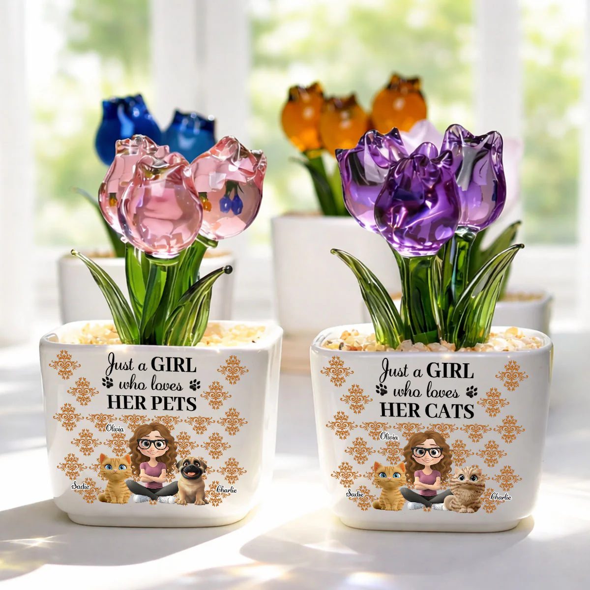 Summer Girl And Pet - Personalized Custom Glass Everlasting Tulips - Image 3