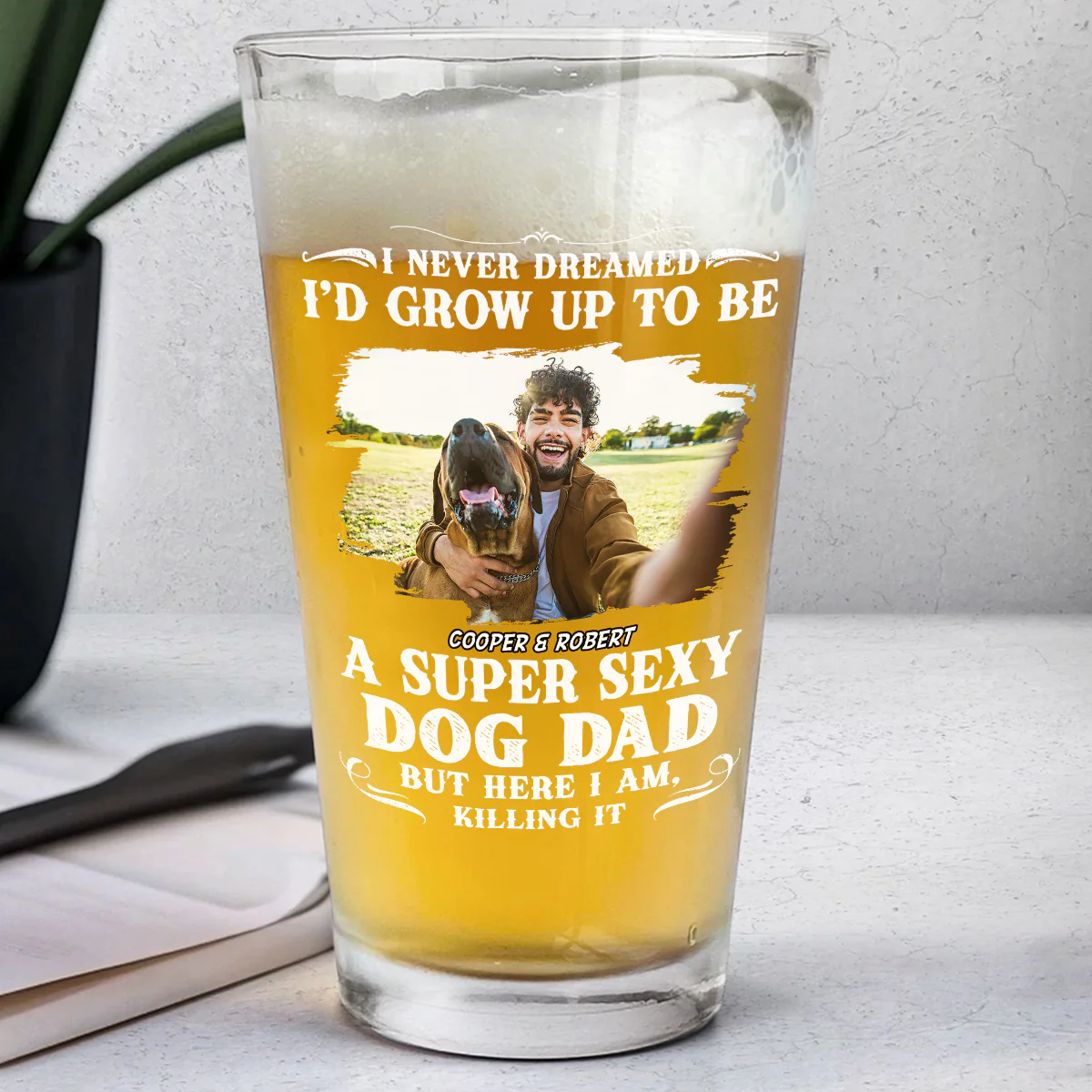 Super Sexy Retro Dog Dad Photo - Personalized Custom Beer Glass - Image 2