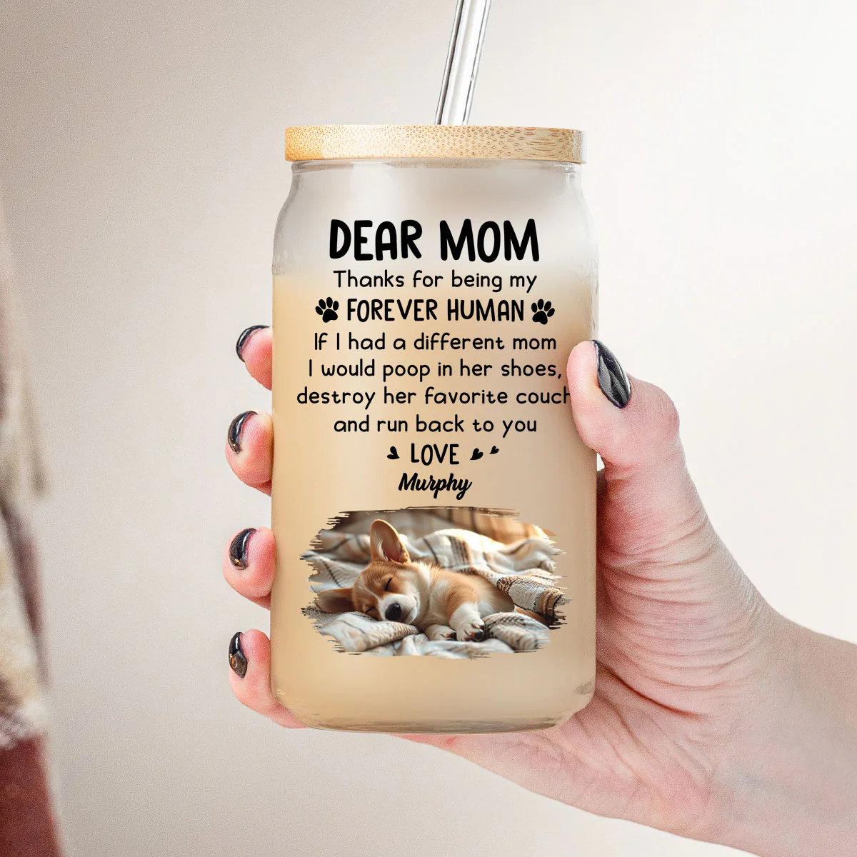 Thanks For Being My Forever Human Photo - Personalized Custom Glass Can
