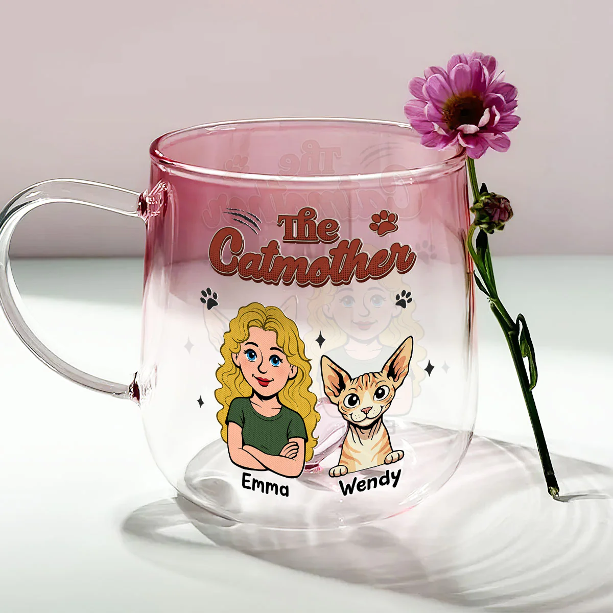 The Cat Mom - Personalized Custom Pink Gradient Glass Mug - Image 2