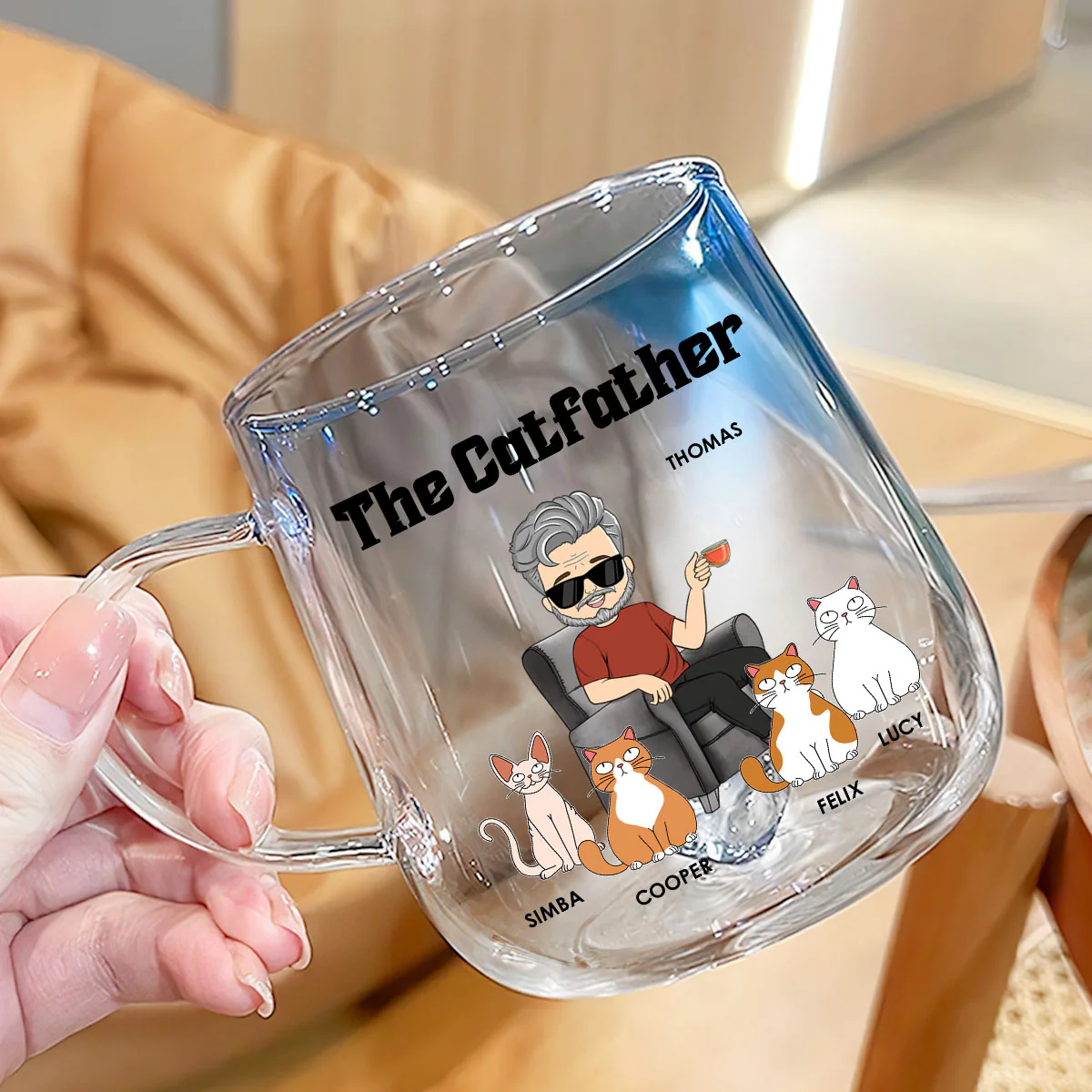 The Catfather - Personalized Custom Blue Gradient Glass Mug - Image 3
