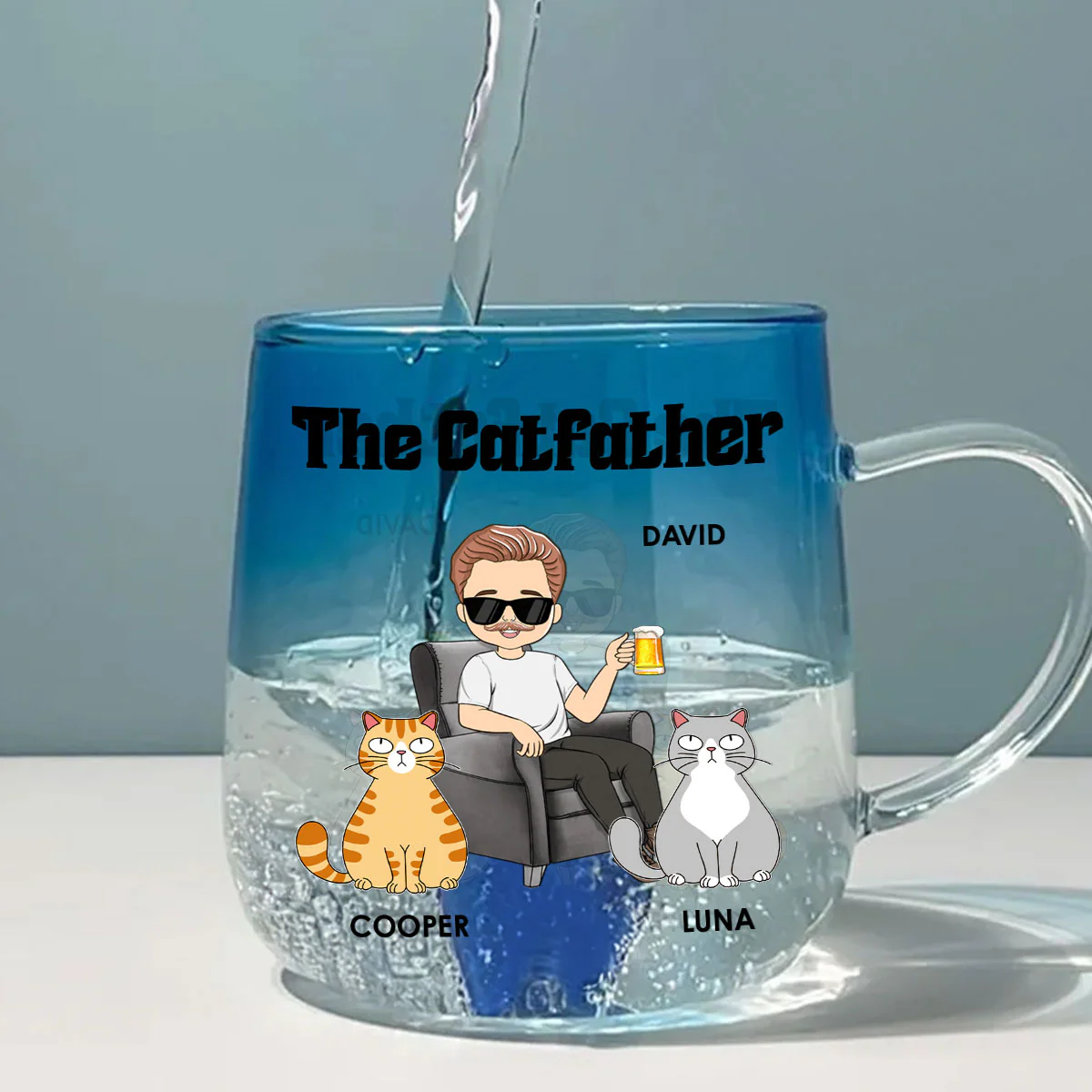 The Catfather - Personalized Custom Blue Gradient Glass Mug - Image 4