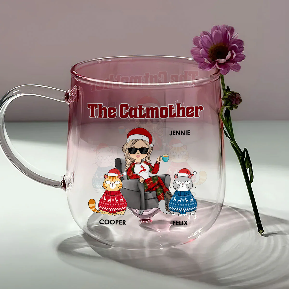 The Catmother Christmas - Personalized Custom Pink Gradient Glass Mug - Image 2
