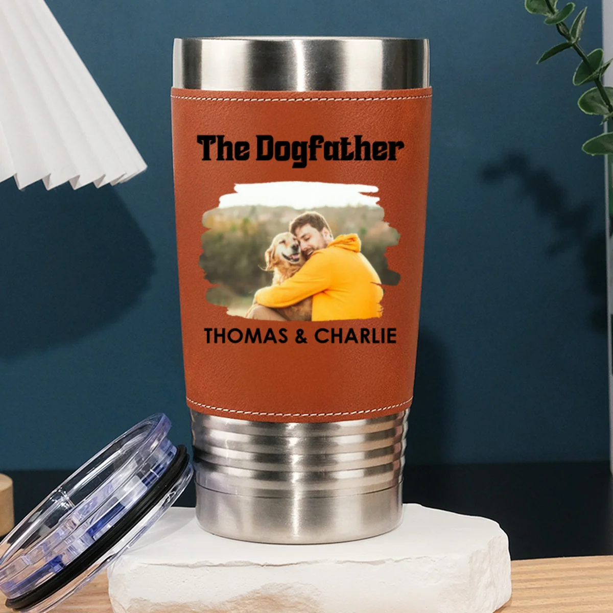 The Dogfather Photo - Personalized Custom Leather Tumbler - Image 3