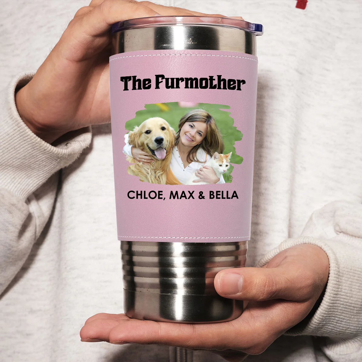 The Furmother Photo - Personalized Custom Pink Leather Tumbler - Image 2