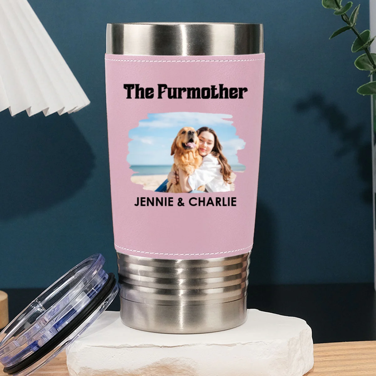 The Furmother Photo - Personalized Custom Pink Leather Tumbler - Image 4