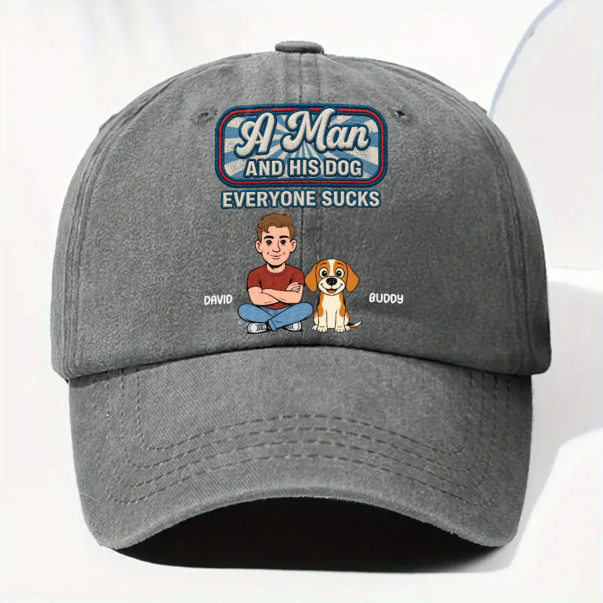The Man And The Dog - Personalized Custom 3D Effect Vintage Washed Denim Cap - Image 2