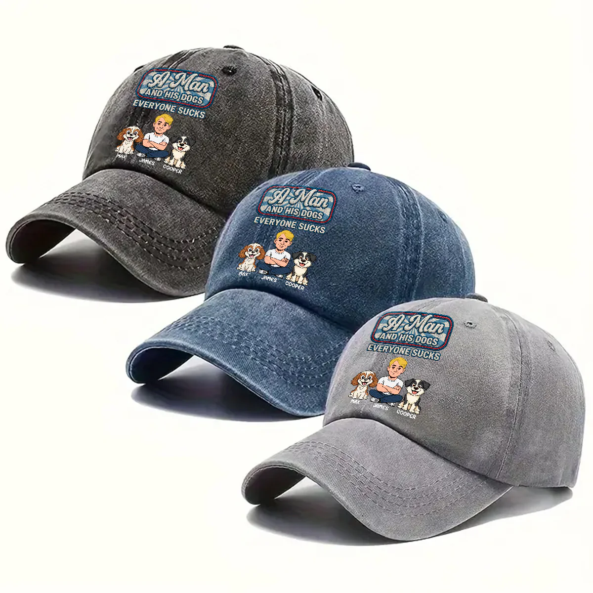 The Man And The Dog - Personalized Custom 3D Effect Vintage Washed Denim Cap - Image 3