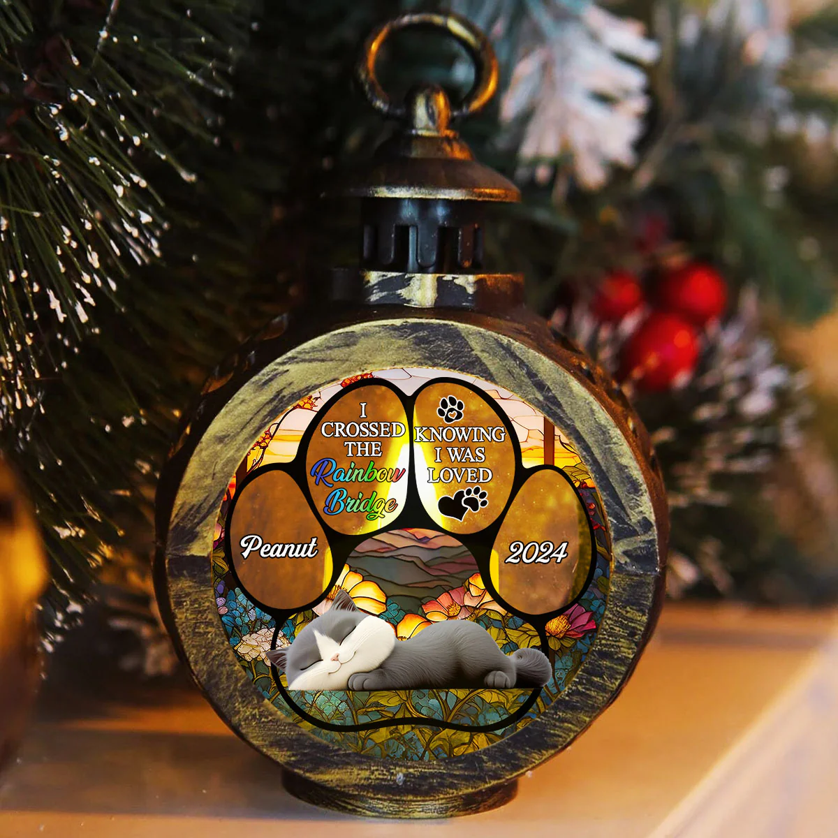 The Rainbow Bridge Cat - Personalized Custom Christmas Lantern - Image 2