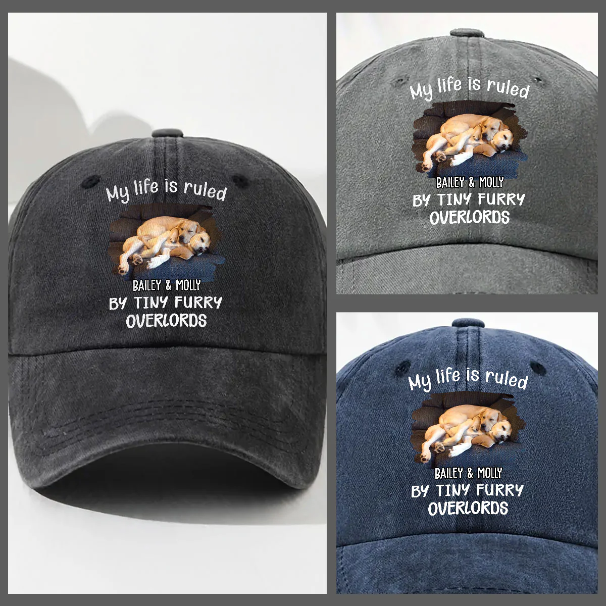 Tiny Fur Overlords Cartoon Photo - Personalized Custom Vintage Washed Denim Cap - Image 3