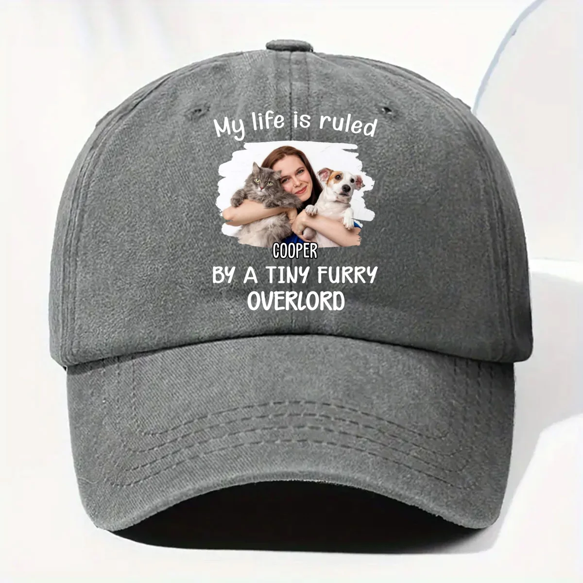 Tiny Fur Overlords Cartoon Photo - Personalized Custom Vintage Washed Denim Cap - Image 6