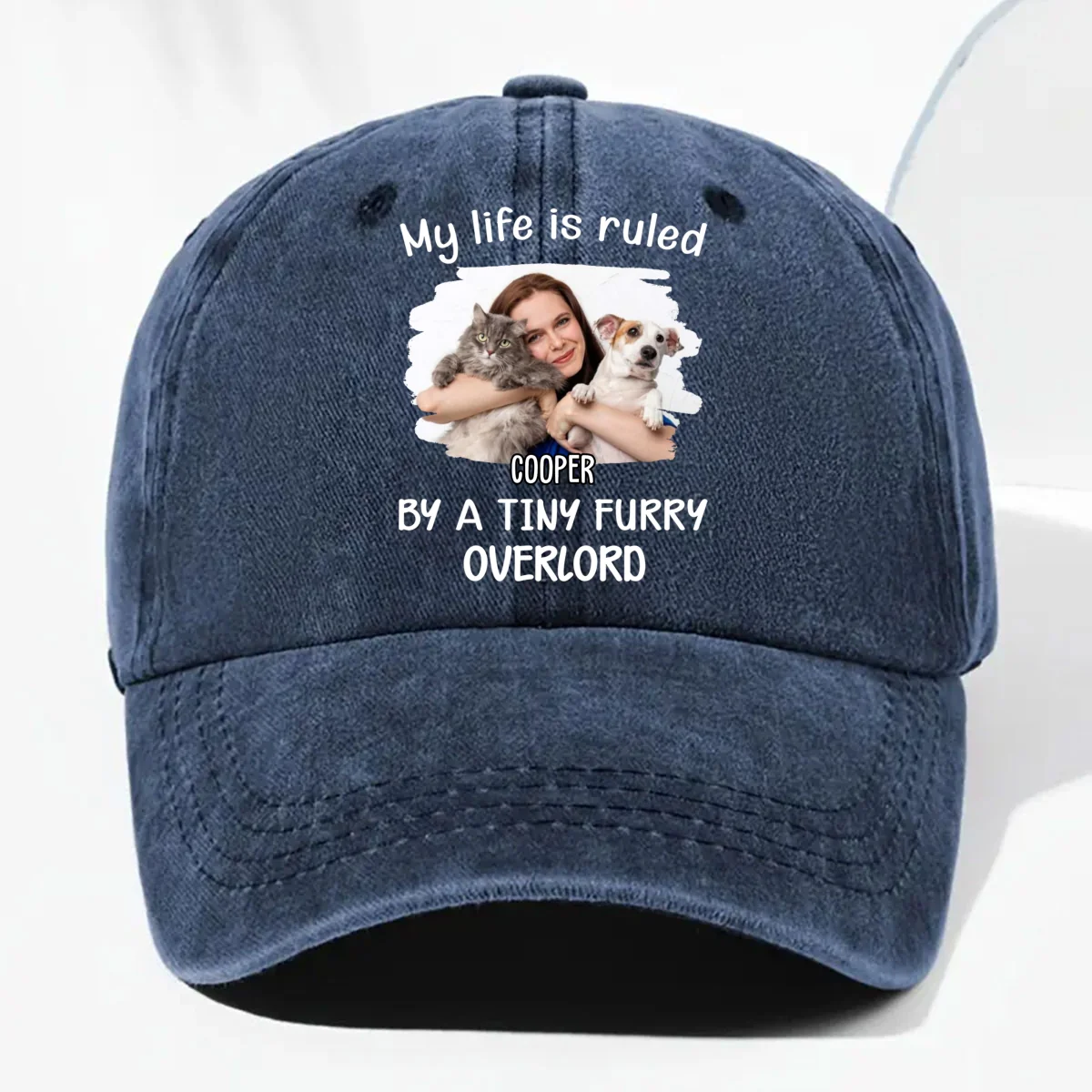 Tiny Fur Overlords Cartoon Photo - Personalized Custom Vintage Washed Denim Cap - Image 7