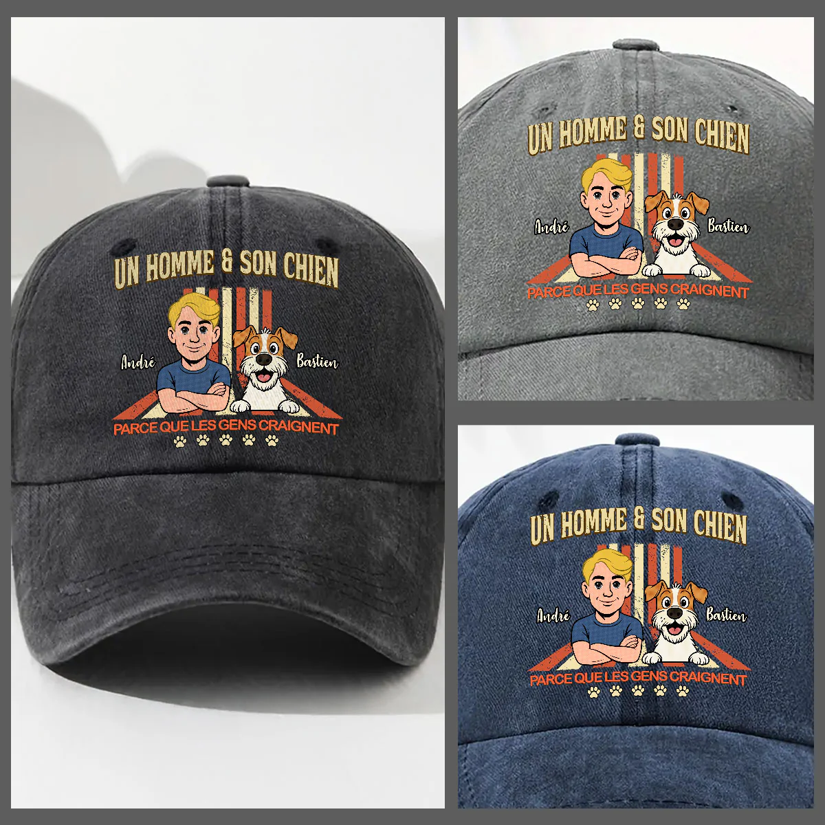 Un homme và son chien rétro - Casquette en denim délavé vintage personnalisée - Image 3