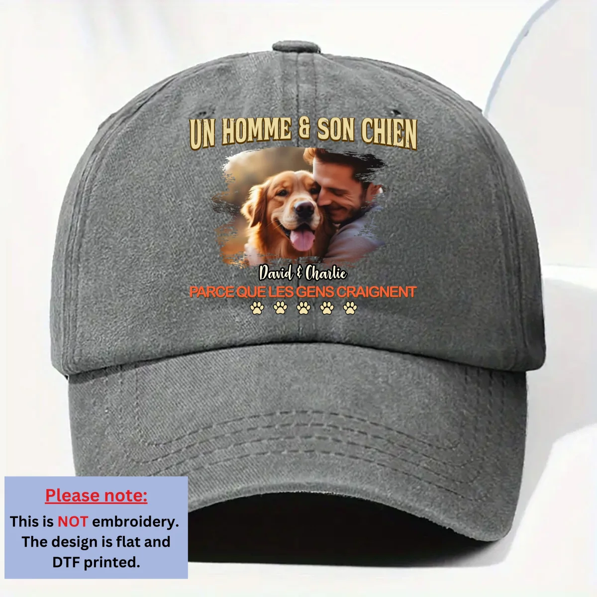 Un homme và son chien rétro - Photo Casquette en denim délavé vintage personnalisée - Image 4
