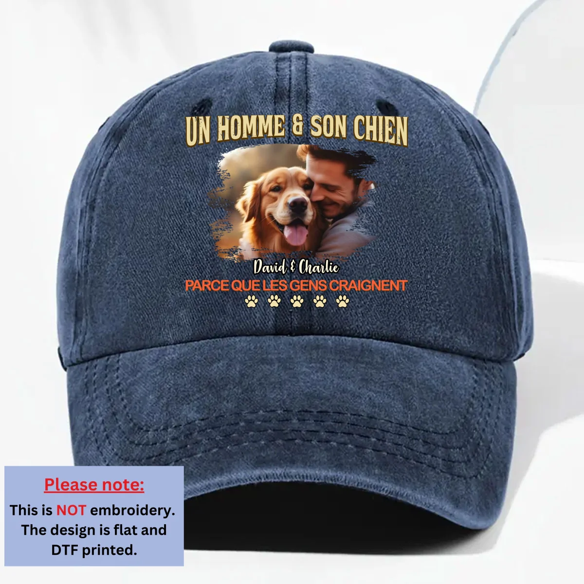 Un homme và son chien rétro - Photo Casquette en denim délavé vintage personnalisée - Image 5