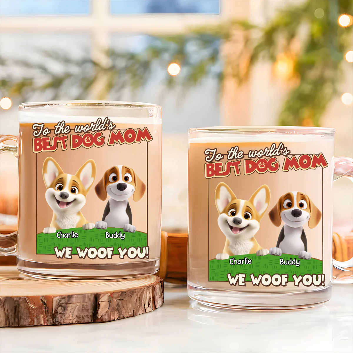 We Woof You Dog Mom Dad Cartoon - Personalized Custom Glass Mug - Image 3