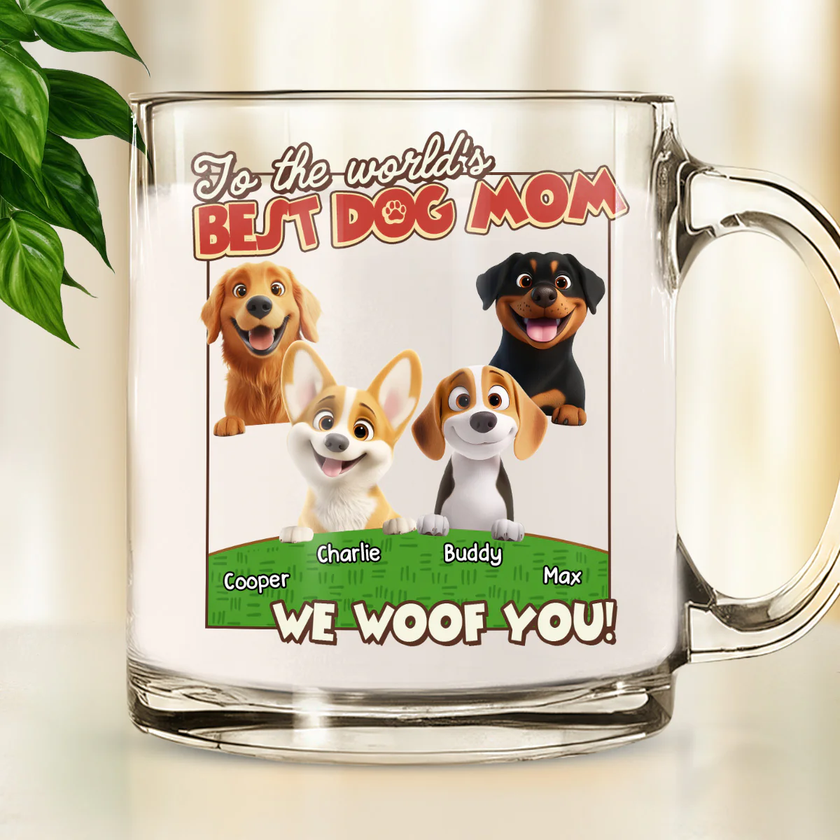 We Woof You Dog Mom Dad Cartoon - Personalized Custom Glass Mug - Image 4