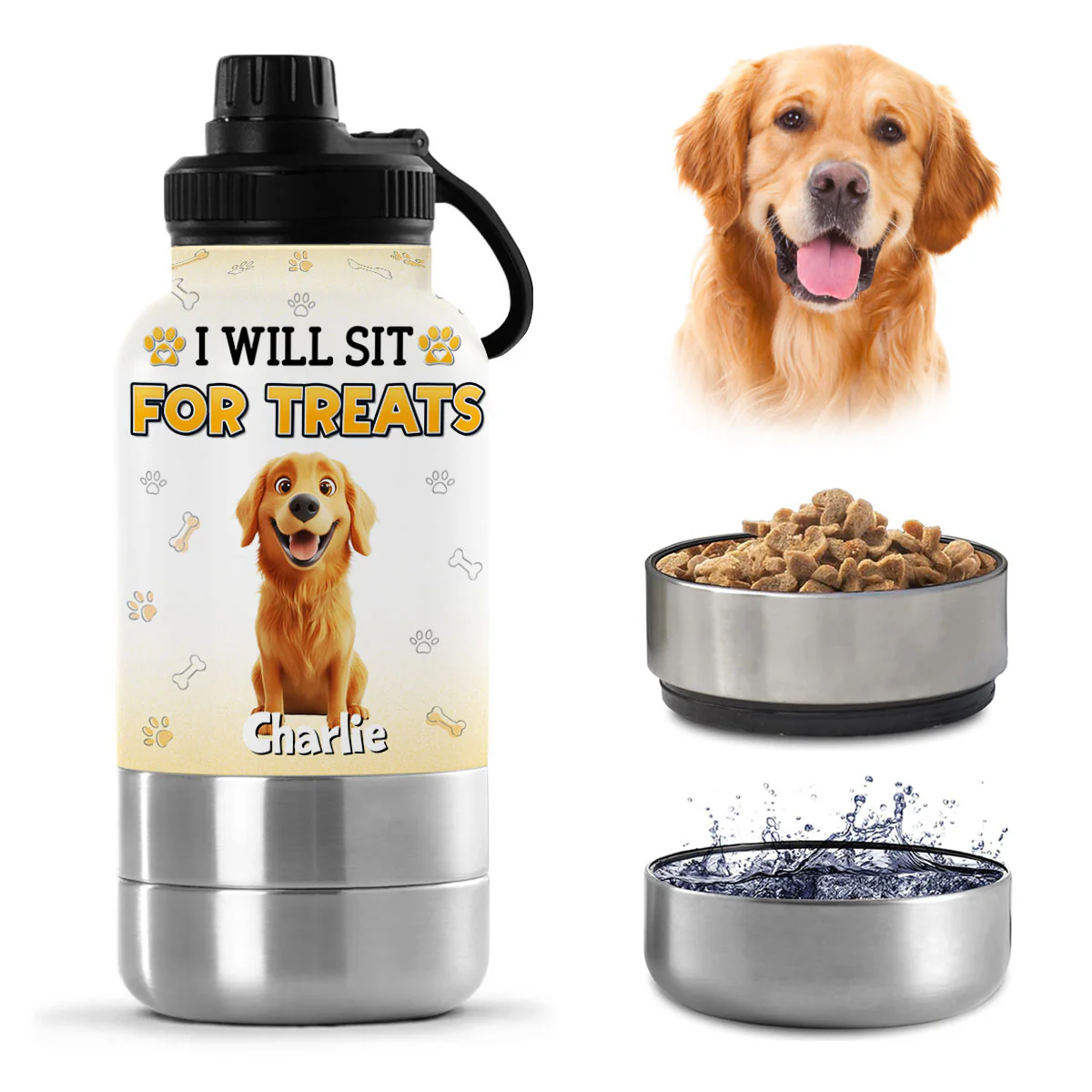 Will Sit For Treats - Personalized Custom 30oz Water Bottle With Pet Bowl