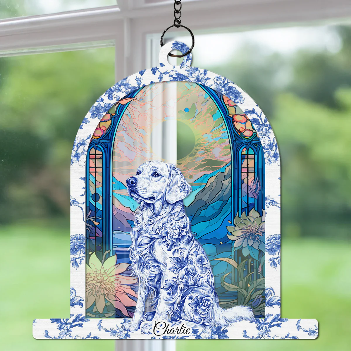 Window Blue Toile Dog - Personalized Custom Suncatcher