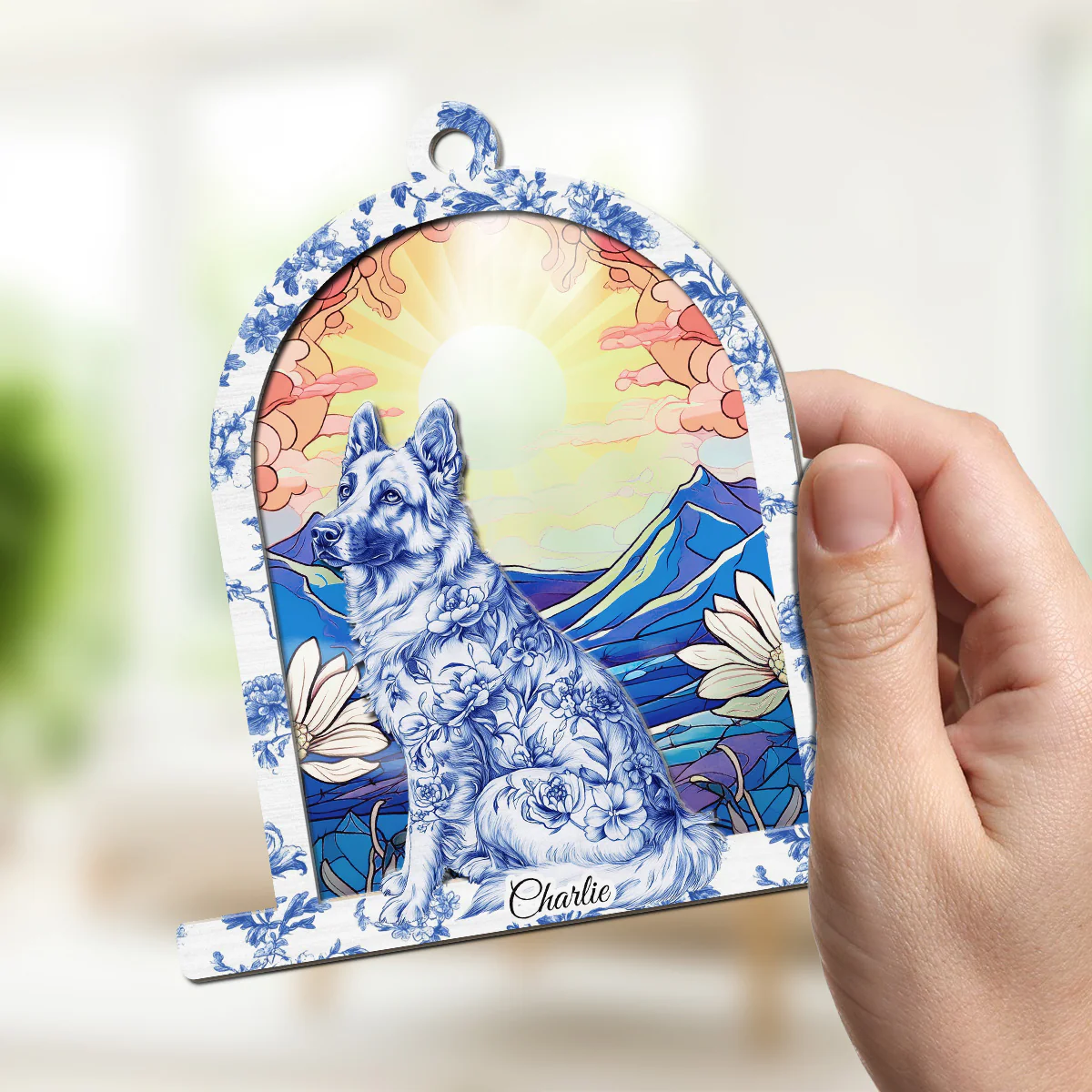 Window Blue Toile Dog - Personalized Custom Suncatcher - Image 2