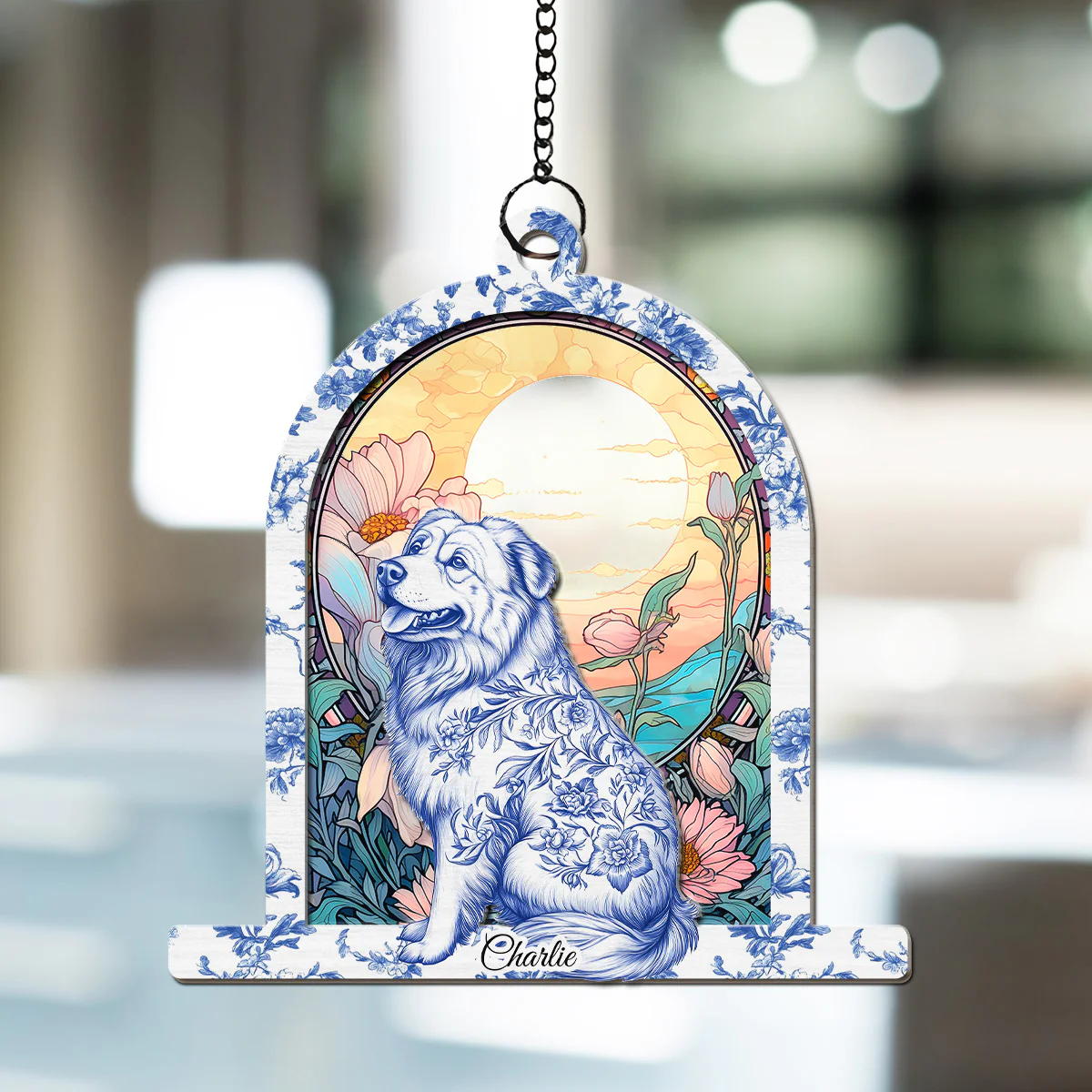 Window Blue Toile Dog - Personalized Custom Suncatcher - Image 3