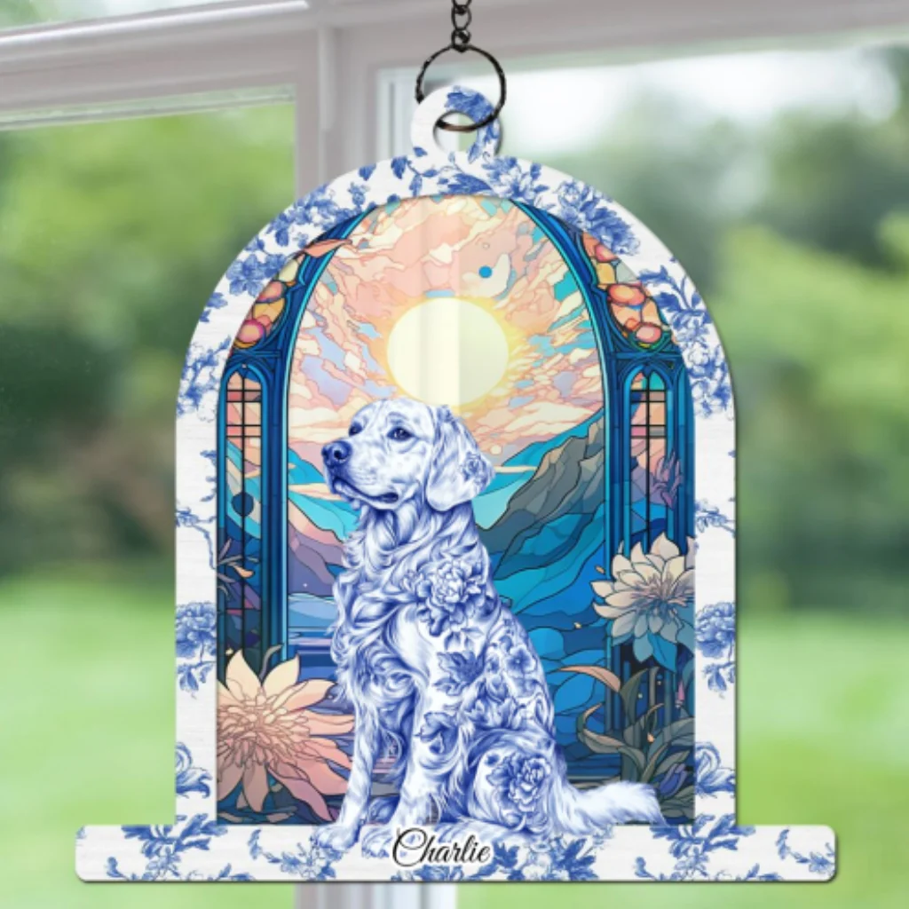 Window Blue Toile Dog - Personalized Custom Suncatcher - Image 6