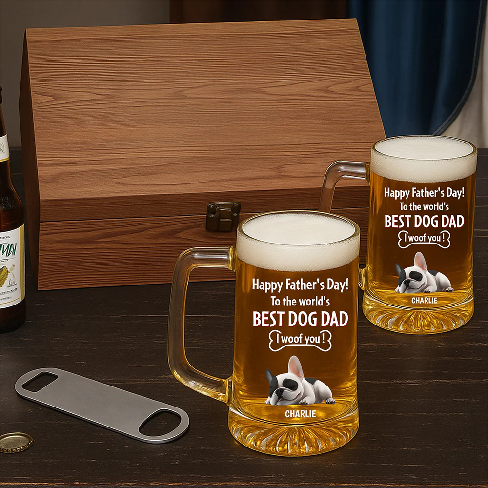 Woof Best Dad Funny - Personalized Custom Beer Glass With Handle - Image 3