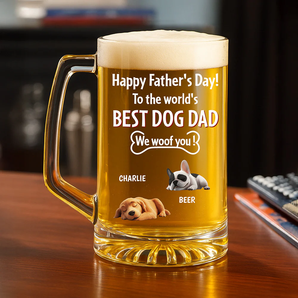 Woof Best Dad Funny - Personalized Custom Beer Glass With Handle - Image 4