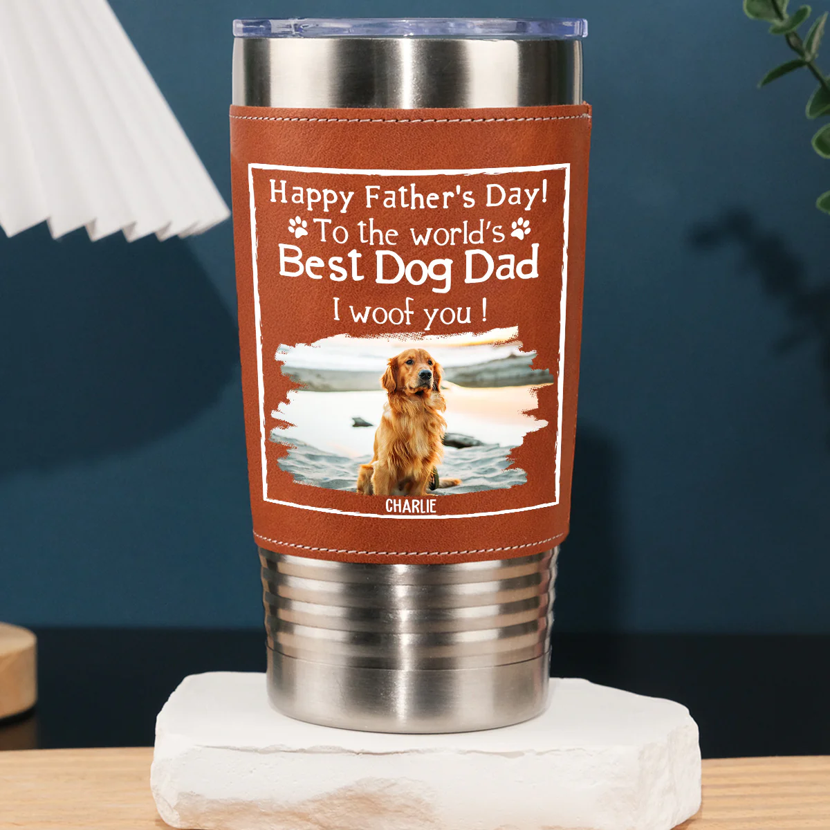 Woof Best Dog Dad Ever Photo - Personalized Custom Leather Tumbler