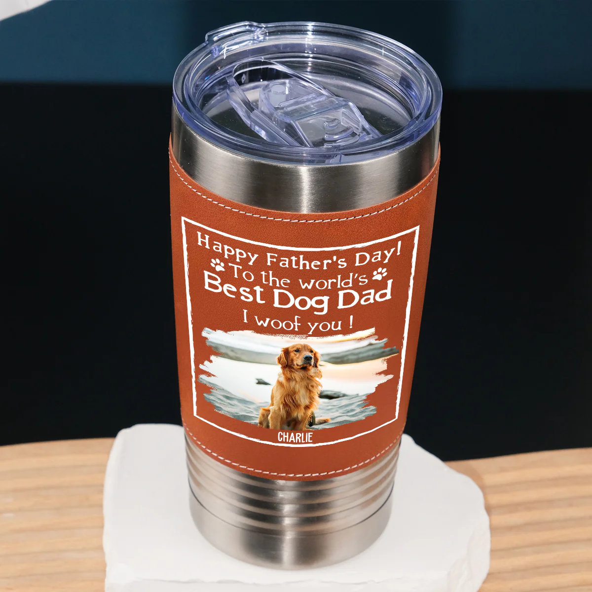 Woof Best Dog Dad Ever Photo - Personalized Custom Leather Tumbler - Image 2