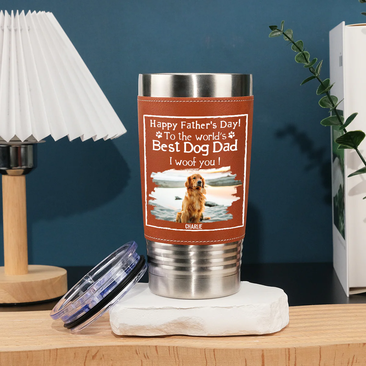 Woof Best Dog Dad Ever Photo - Personalized Custom Leather Tumbler - Image 3