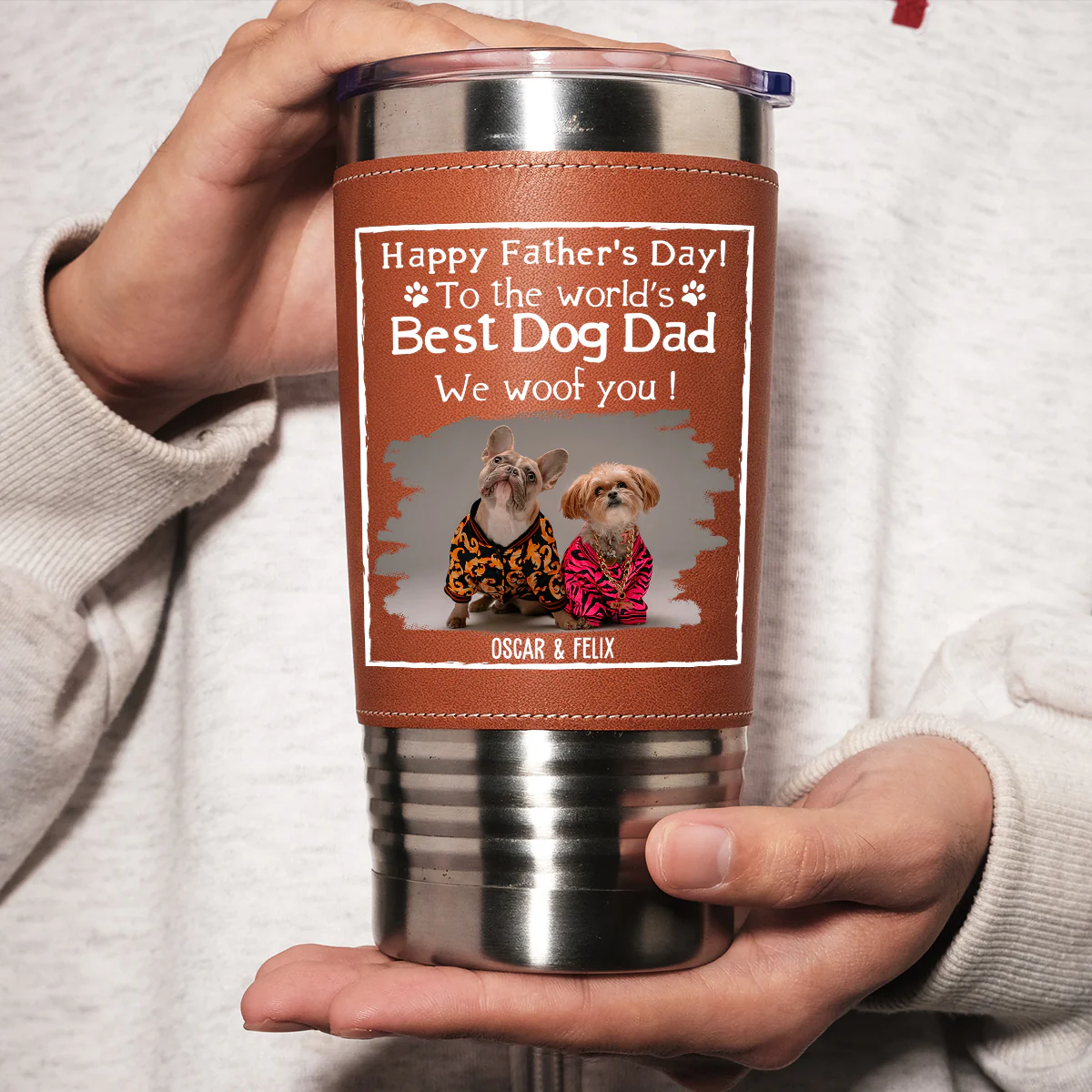 Woof Best Dog Dad Ever Photo - Personalized Custom Leather Tumbler - Image 4