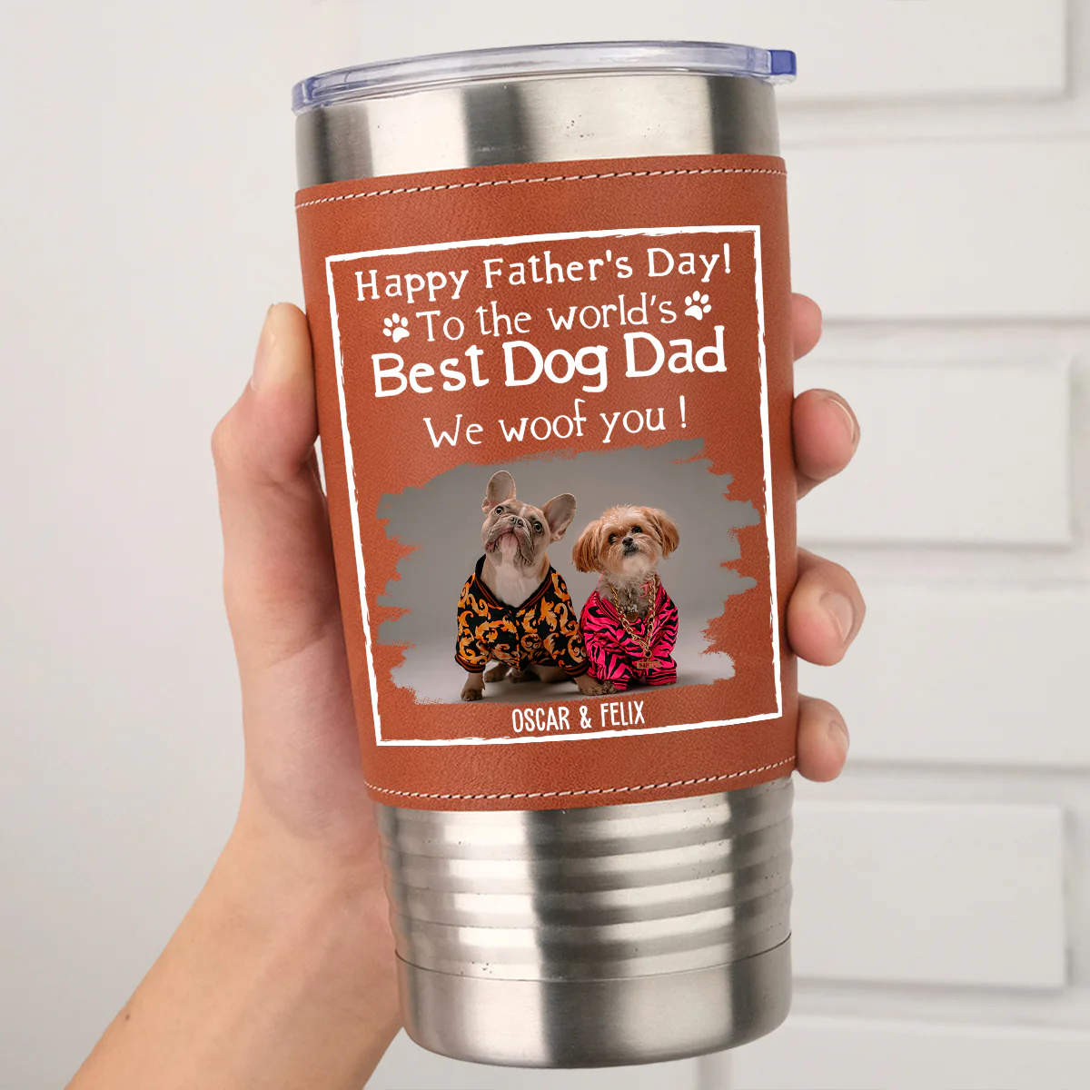 Woof Best Dog Dad Ever Photo - Personalized Custom Leather Tumbler - Image 5