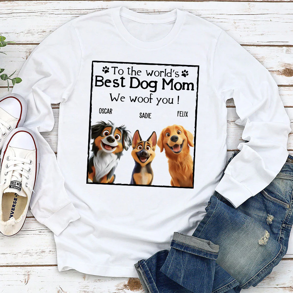 Woof Best Dog Mom Dad Cartoon - Personalized Custom Long Sleeve T-Shirt - Image 2