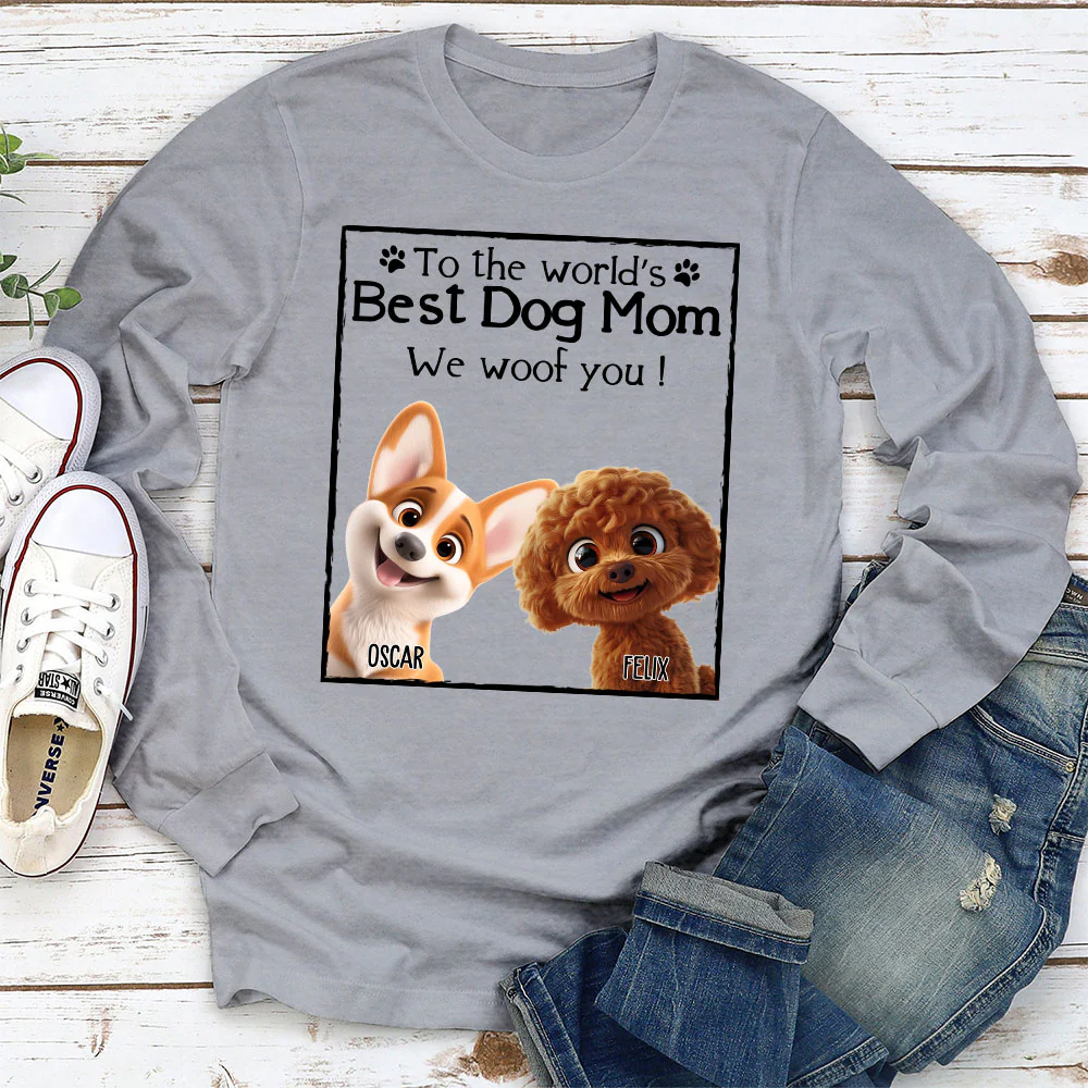 Woof Best Dog Mom Dad Cartoon - Personalized Custom Long Sleeve T-Shirt - Image 3