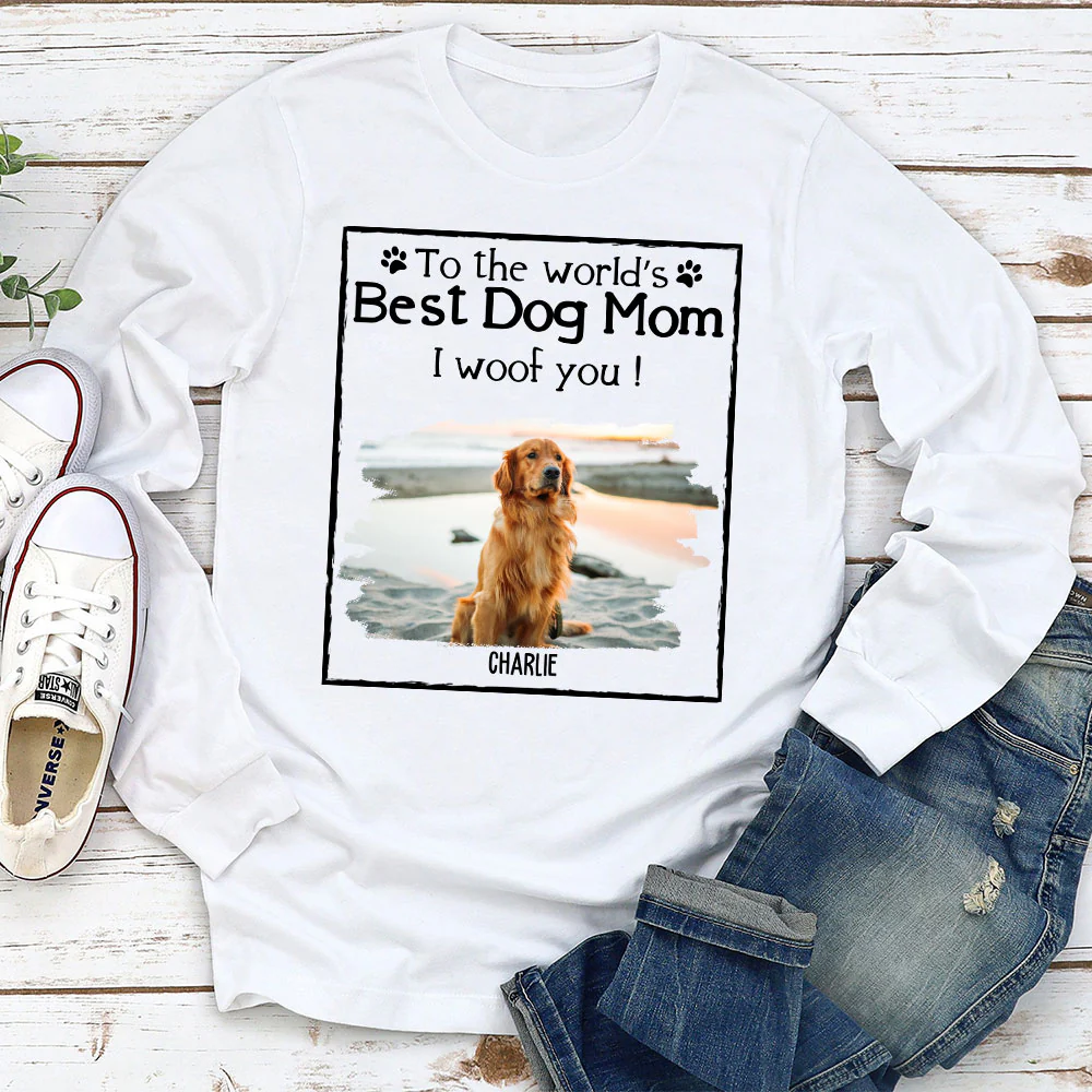 Woof Best Dog Mom Dad Cartoon Photo - Personalized Custom Long Sleeve T-Shirt - Image 2