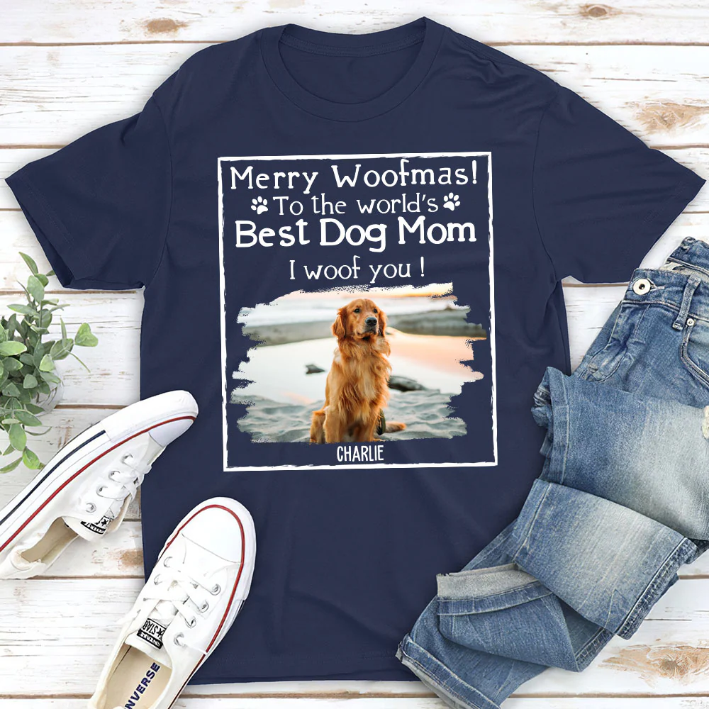 Woof Best Dog Mom Mum Cartoon Photo - Personalized Custom Unisex T-Shirt - Image 2