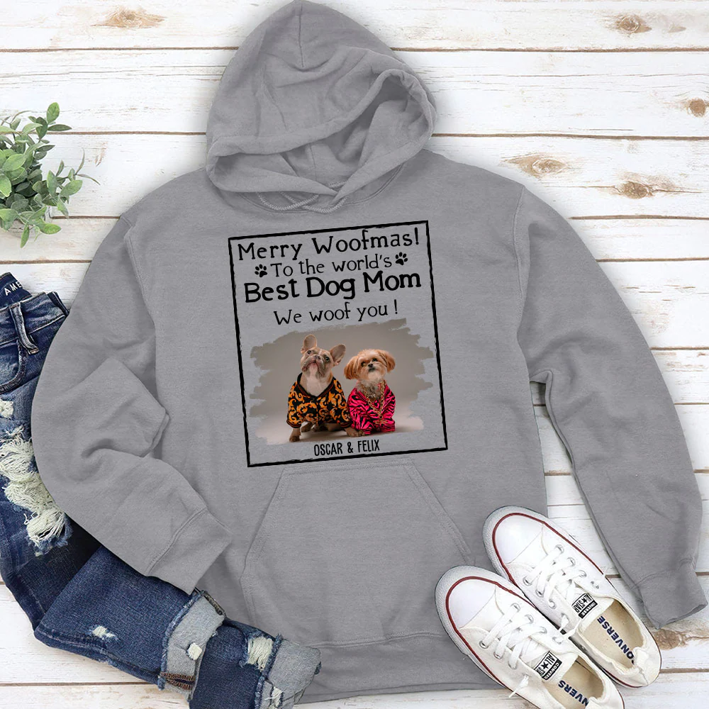 Woof Dog Dad Mom Christmas Photo - Personalized Custom Hoodie - Image 3