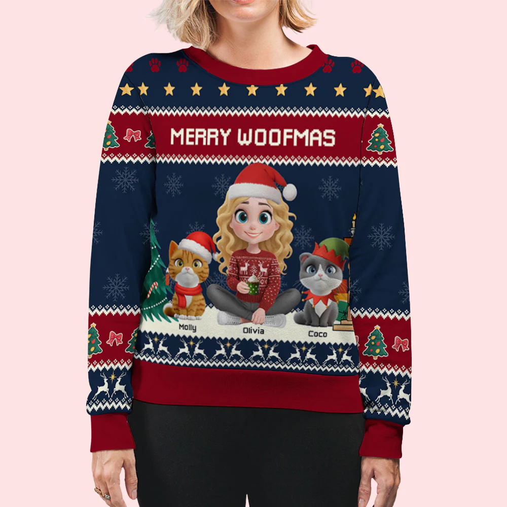 Woof You A Merry Christmas Ver Cat - Personalized Custom All-Over-Print Sweatshirt - Image 5