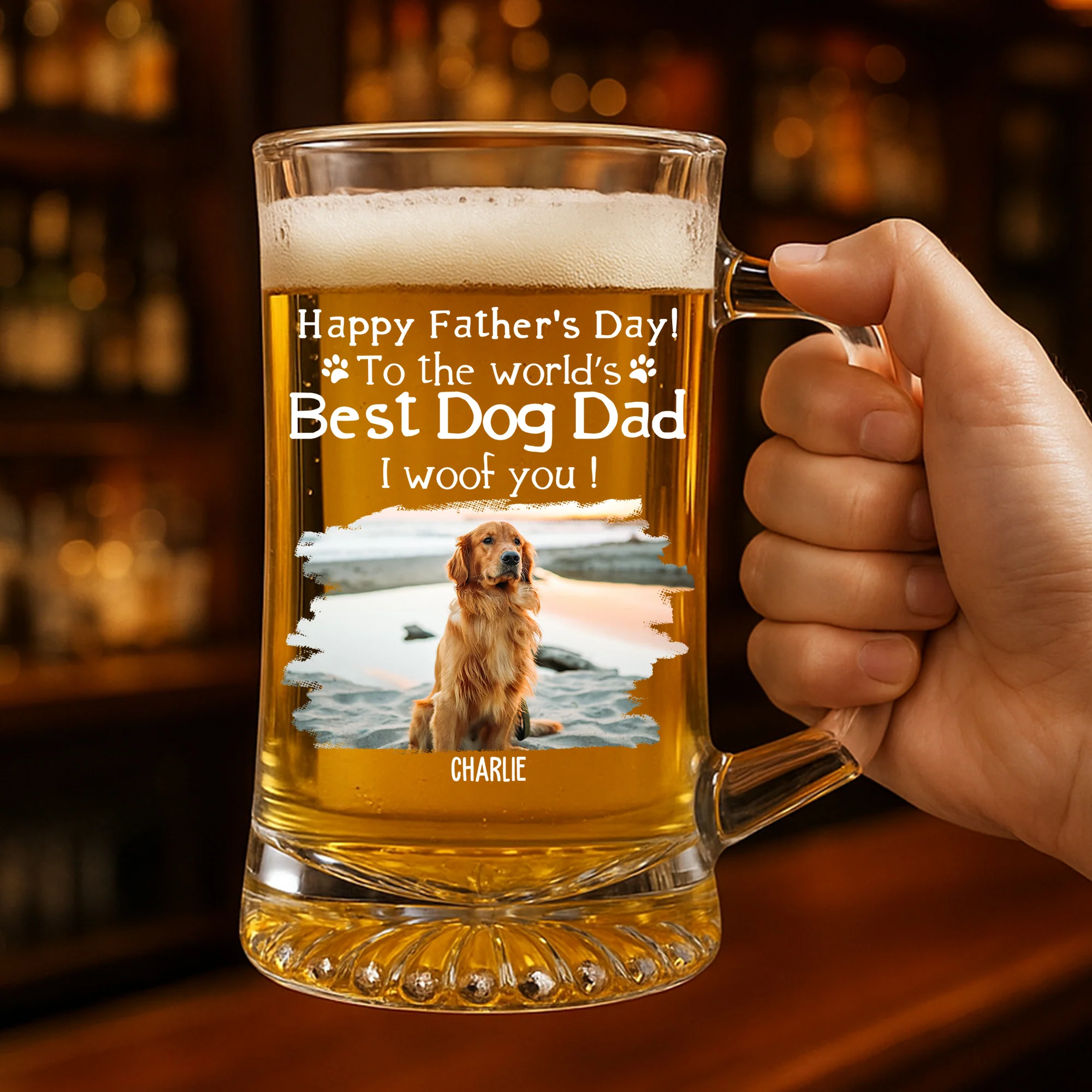 Woof You Daddy Photo - Personalized Custom Beer Glass With Handle